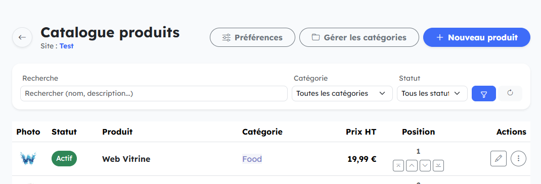 Catalogue de produits et fiche produit détaillée